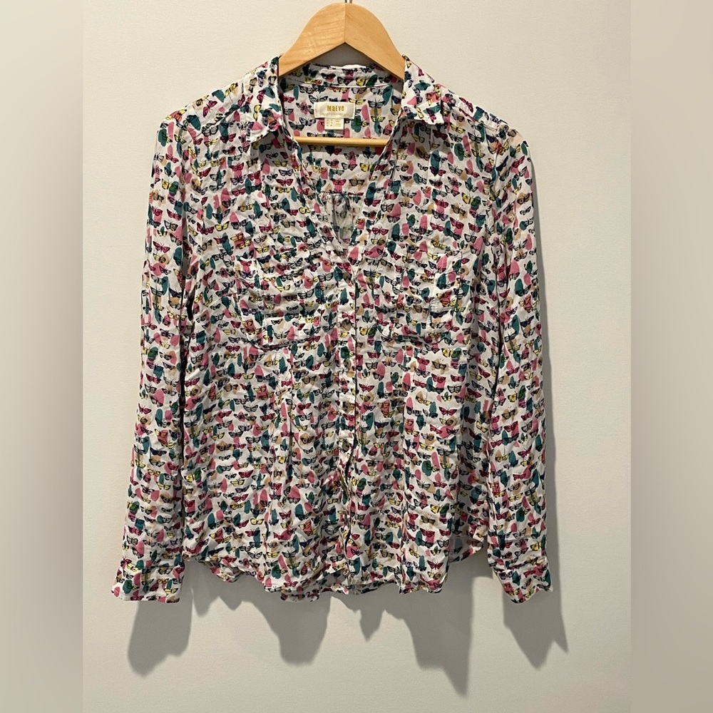 Anthropologie White Blouse with Multicolor Butterfly Print